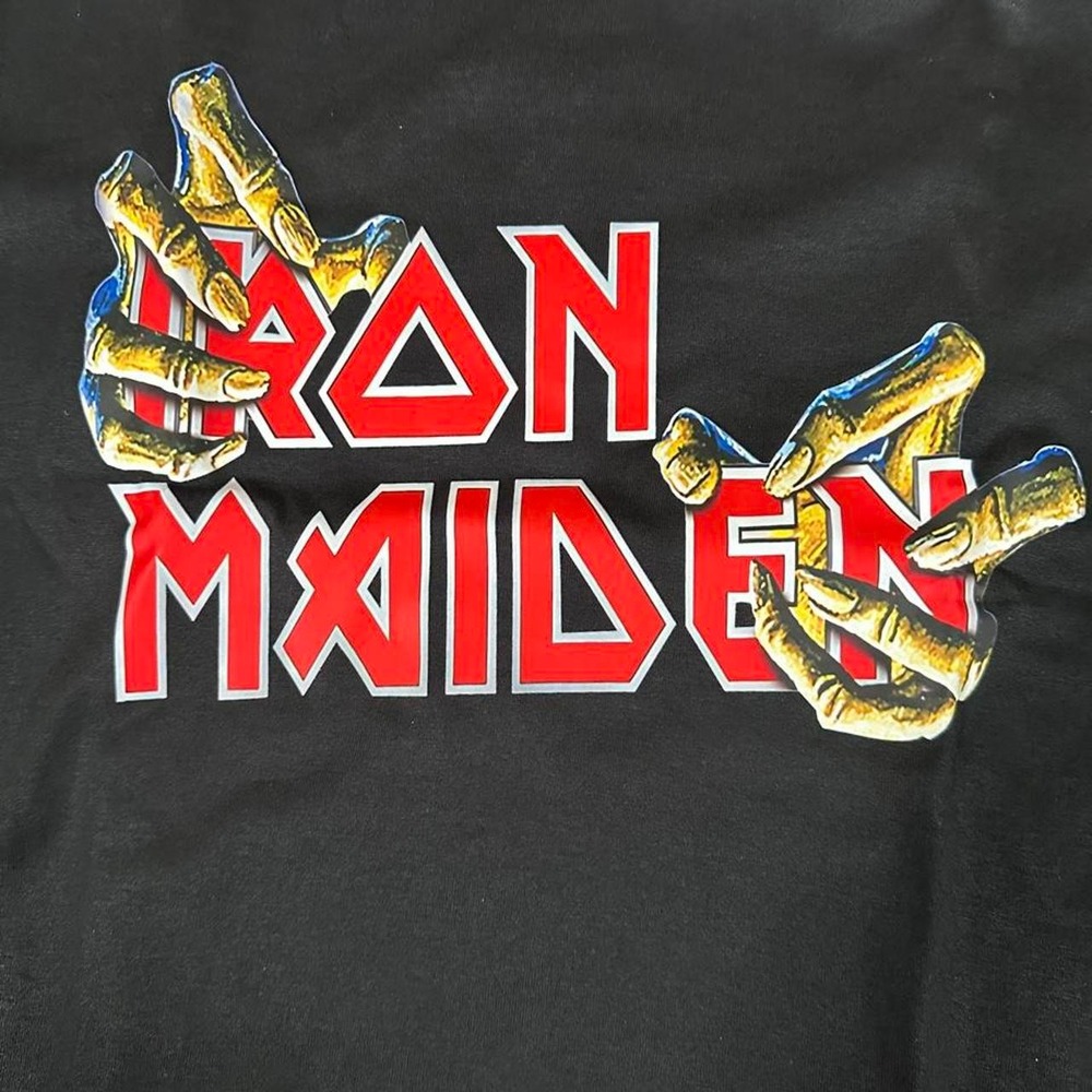 Iron Maiden Black Graphic T-Shirt Red Logo Gold Hands Mens XL Heavy Metal Band
